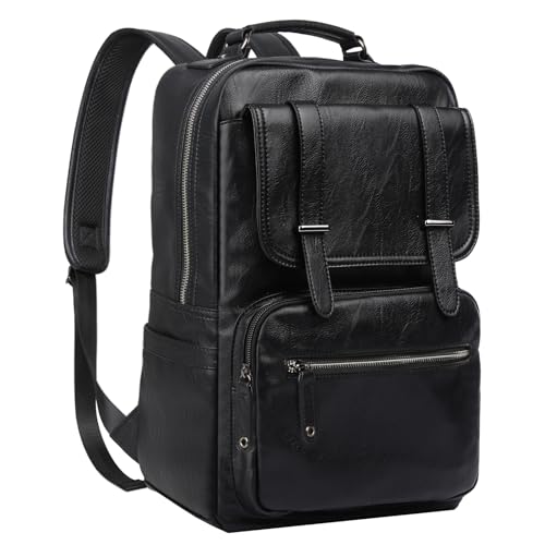Black Leather Backpack for Men Waterproof Fit 15.6 inch Laptop Backpack Work Commute Casual Daypack