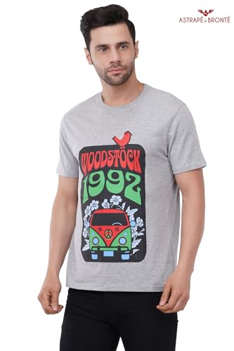 Image of ASTRAPE & BRONTE Men's Cotton Graphic Printed T-Shirt | Woodstock 1992 Design | Soft Breathable Half Sleeve Casual Tee