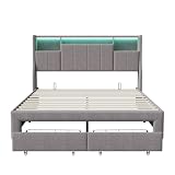 BRYXR Polsterbett 140x200 cm, Stylisches Doppelbett mit LED-Beleuchtung, USB-Anschlüssen und Stauraum, Elegantes Bett mit 2 Schubladen & Lattenrost in Grau, ohne Matratze