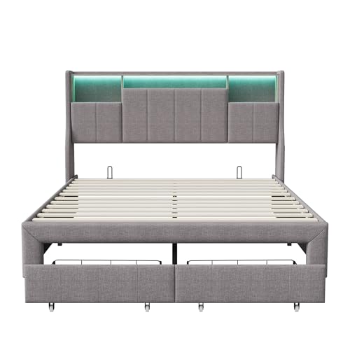 BRYXR Polsterbett 140x200 cm, Stylisches Doppelbett mit LED-Beleuchtung, USB-Anschlüssen und Stauraum, Elegantes Bett mit 2 Schubladen & Lattenrost in Grau, ohne Matratze