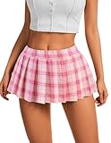 HomRain Women's Mini Skirts Solid Colour Elastic Waist Sexy Super Short Pleated Skirt for Anime Club Party Pink White Plaid L