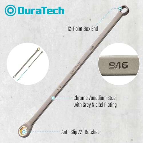 Image of DURATECH Extra Long Anti-Slip Ratcheting Wrench Set, Double Box End Wrench Set, 9-Piece, SAE, 5 /16 inch, 11 /32 inch, 3 /8 inch, 7 /16 inch, 1 /2 inch, 9 /16 inch, 5 /8 inch, 11 /16 inch, 3 /4 inch, CR-V Steel, with Rolling Pouch
