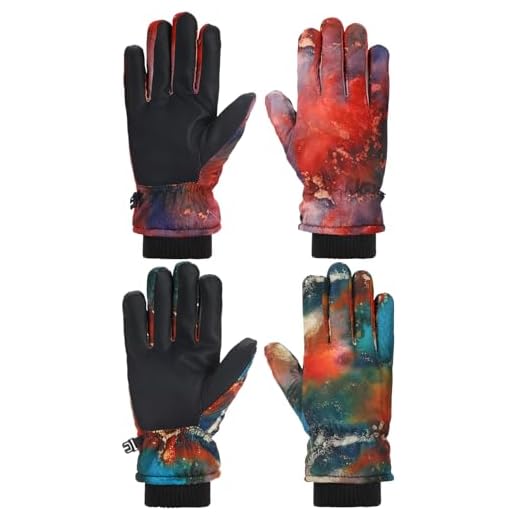 Honoson 2 Pairs Kids Snow Gloves Winter Waterproof Kids Ski Gloves Youth for Girls Boys Outdoor Toddler Snowboard Warm Clothe(Red Orange Watercolor Gilt Pattern,2-4 Years)