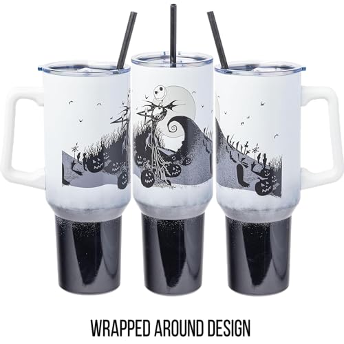 Image of Silver Buffalo Disney Nightmare Before Christmas by Tim Burton Jack Skellington Hill and Moon Stainless Steel Tumbler with Handle and Straw, Fits in Standard Cup Holder, 40 Ounces (Pack of 12)