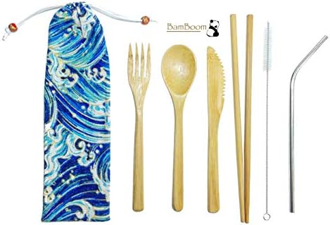 Eco Friendly Bamboo Travel Utensils, Reusable Utensil Set with Case includes Stainless Steel Straw and Chop Sticks