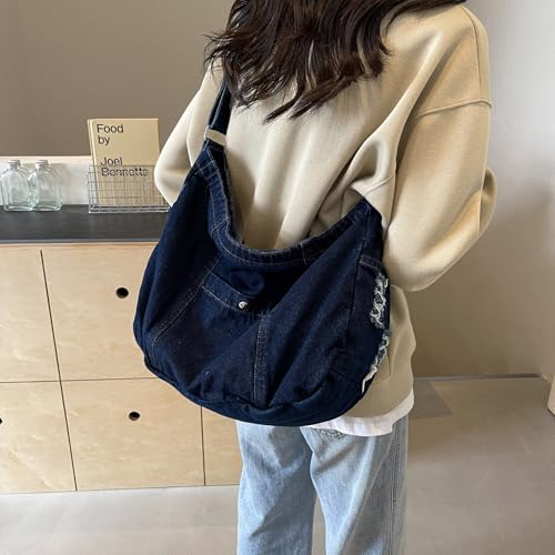 Image of Denim Shoulder Bag for Women,Canvas Tote Messenger Bag with Zipper,Large Casual Crossbody Hobo Handbag Denim Purse