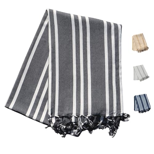 MUHMA Toalla Playa Grande 200x150 cm, Toalla Playa Algodón 100%, Pareos Playa Grandes Antiarena, Toalla Piscina, Fouta XXL con Flecos, Suave, Ligera y de Secado Rápido (Gris Oscuro)