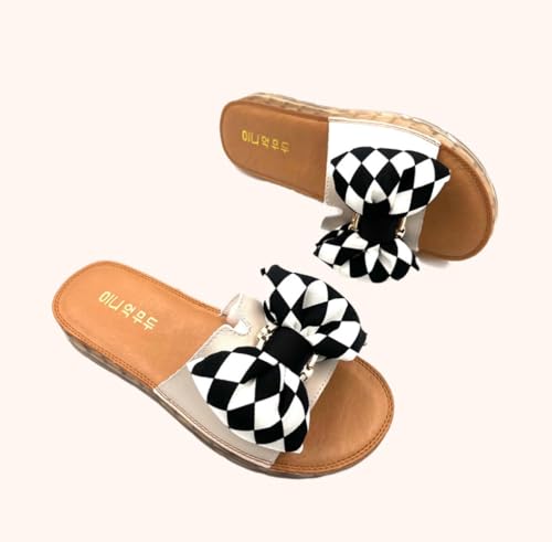 Cute Bow Checkered Slippers for Women Kawaii Y2K Retro Trendy Non Slip Chunky Platform Flats Wide Open Toe Comfort Wear Shoes Cozy Memory Foam Matching Slippers for Couples Mothers Days Gifts3