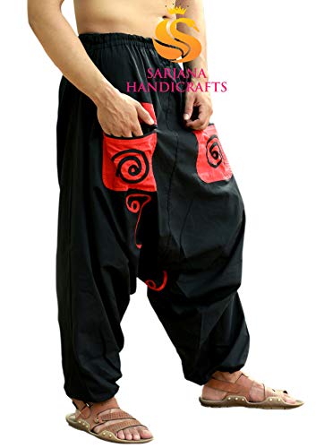Sarjana Handicrafts Men's Cotton Pockets Harem Yoga Baggy Genie Hippie Pants (Free Size, Black) #TOP1