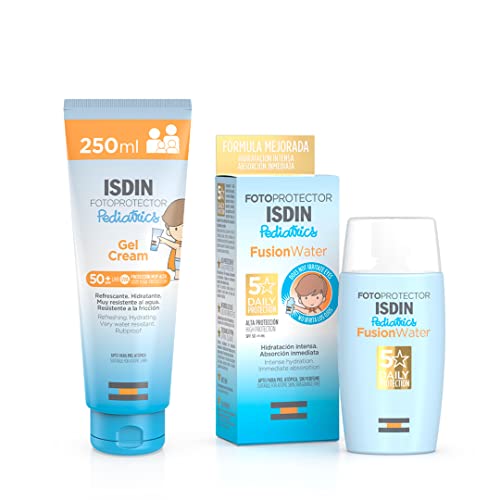 Isdin Pediatrics Gel Cream SPF 50+ - Protector solar corporal para niños, 250 ml + Fusion Water Pediatrics SPF 50 - Protector solar facial para niños, Apto para piel atópica, 50 ml