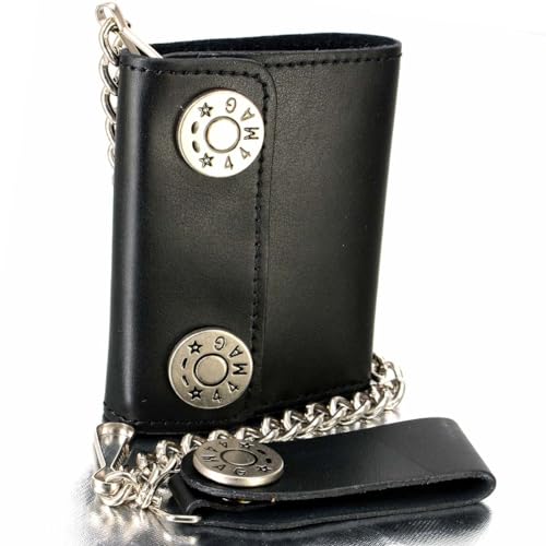 Milwaukee Leather MLW7822 Men's 4.25” Leather Bi-Fold Biker Wallet w/Anti-Theft Stainless Steel Chain and 44 Mag Nickel Snaps - One Size