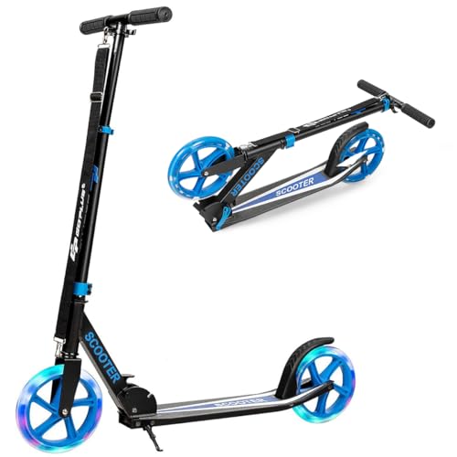 GOPLUS Scooter Kinder, Cityroller aus Aluminium bis zu 100kg, Kickscooter mit Schultergurt & LED Rädern, Tretroller klappbar & höhenverstellbar für Jungen & Mädchen ab 10 Jahren (Blau)