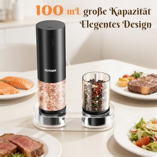 Kotopa Salz und Pfeffermühle Elektrisch, Wiederaufladbare Pfeffermühle mit 5 Stufen einstellbarem Keramik Mahlwerk, Basis, LED Licht, 100mL große Pfefferstreuer- 2er Set