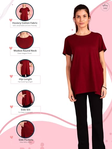 Image of 9shines Label Cotton Plus Size Long T-Shirt Tunic | Hip Covering Regular Top Nightwear| Sleepshirt Lounge wear for Women with Pocket (M-7XL)