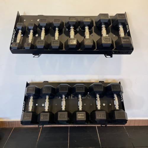Image of Wall Mount Dumbbell Rack - 90 cm Heavy-Duty Steel 2-Tier Gym Storage Shelf | Space-Saving Wall Mounted Weight Organizer for Home, Garage & Commercial Gyms | Matte Black Finish with Mounting Hardware (Pack of 2)