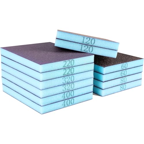Pesutei 12 Stück Schleifschwamm, 60/80/120/220/320/400 Körnung Schleifpapier Fein, Weiches Schleifpapier Nassschleifpapier für Metall, Holz, Modell Trockenbau, Stahl, Edelstahl