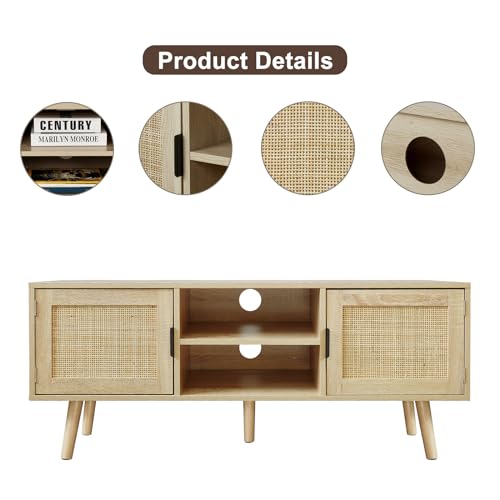 Anmytek Farmhouse Rattan TV Stand Modern Wood Media Entertainment Center Console Table for TVs up to 55 Inches with 2 Doors and 2 Open Shelves, Natural Oak, H0015 - Image 6
