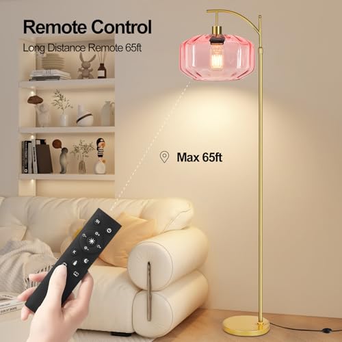 Image of Gold Floor Lamps for Living Room Bedroom,Glass Floor Lamp with Remote Control & Pink Lampshade,Arc Dimmable Floor Lamp Mid Century Modern Standing Lamp Vintage Tall Floor Lamps for Bedroom Corner
