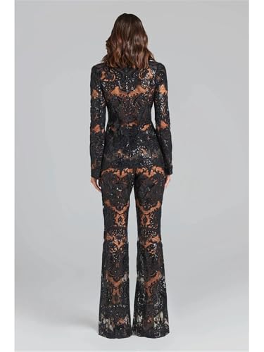 Women's Designer Runway Suit Set Single Buttons Guisolid Lace Blazer Flare Pants Set 2Pcs2