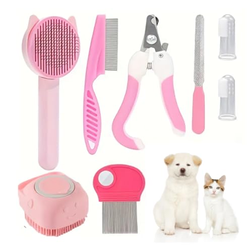 Kit 8 in 1 per cani e gatti, set rosa con spazzola autopulente, tagliaunghie, pettine pulci, spazzola da bagno e spazzolino da denti