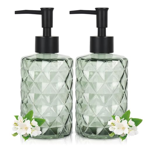 2 Pcs Glass Soap Dispenser with Pump, 11 Oz/330 ml Washing up Liquid Dispenser, BPA Free Refillable Non-slip Pump Bottle for Shampoo, Shower Gel in Bathroom, Countertop, Kitchen, Laundry Room, Hotel