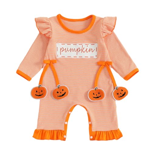 Image of Covvoliy Newborn Baby Girl Halloween Outfit Pumpkin Embroidery Striped Print Long Sleeve Romper Cute Infant Jumpsuit