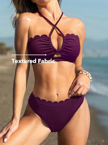 CUPSHE Women's Bikini Sets Adjustable Halter Strappy Swimsuit Crisscross Cutout Scalloped Mid Rise4