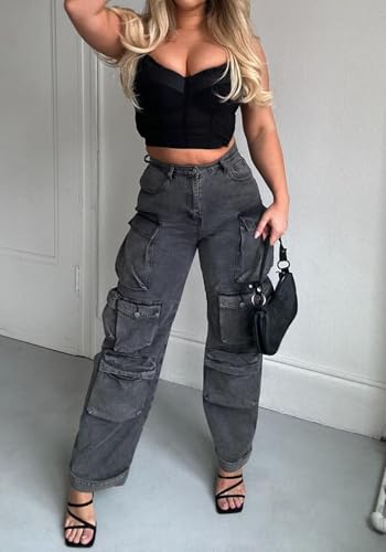 Tbahhir Distressed Ripped Cargo Jeans for Women High Waisted Baggy Wide Leg Boyfriend Y2K Streetwear Denim Pants Trendy3