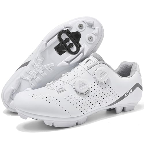 PENXZT Zapatilla Ciclismo MTB Hombre, Zapatos Bicicleta de Montaña Compatible con SPD Pedales 2 Tornillos con Calas Zapatillas de Ciclismo Adulto Respirables,Blanca,47 EU