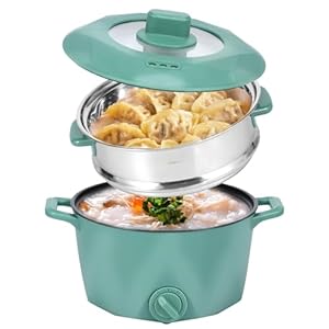 Electric Hot Pot with Stainless Steel Steamer, 2L Non-Stick Mini Electric Hot Pot, Portable 2 Gear Rapid Noodles Cooker,Multi-Function Hot Pot Cooker for Pasta Ramen Noodles Vegetables (Green)