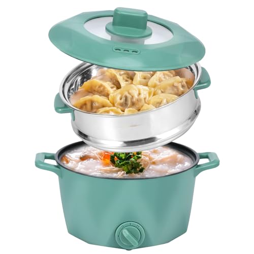 Electric Hot Pot with Stainless Steel Steamer, 2L Non-Stick Mini Electric Hot Pot, Portable 2 Gear Rapid Noodles Cooker,Multi-Function Hot Pot Cooker for Pasta Ramen Noodles Vegetables (Green)