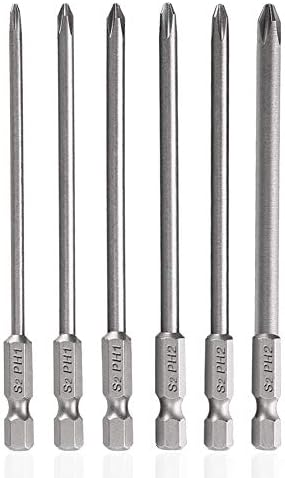 Saipor 6-Piece 150 mm Long Phillips Screwdriver Bits Set S2 Steel Phillips Head Bit 6.35 mm (1/4 Inch) Hex Shank Magnetic Screwdriver Bit Set PH1 PH2