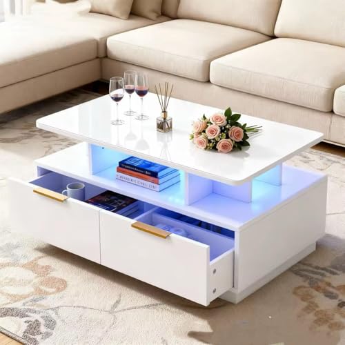 GarveeHome High Gloss LED Coffee Table,35" Modern High Glossy Wood CocktailCoffee Tables with Storage,2-Tier Living Room Table Center Tables with 4 Dr