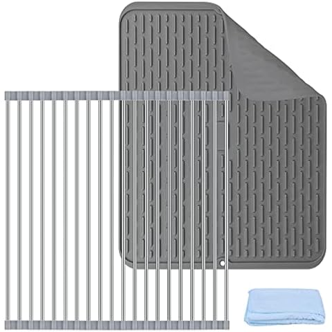 2in1 Silicone Dish Drainer Mat & Stainless Steel Roll Up Kitchen Dishes Drying Rack Set Nonslip Draining Board Pad Foldable Multi-Use Sink Drainers Heat Resistant Countertop Trivet, Dishwasher Safe Cover