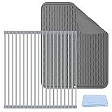 Alta calidad: La alfombrilla de escurreplatos tiene buena elasticidad, resistencia al desgarro y electricidad.en los dos extremos La silicona antideslizante de la escurridor de plato se puede cortar, es adecuada para la mayoría de los fregaderos de cocina de tamaño estándar, tiene una larga vida útil.