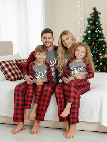 Image of IFFEI Matching Family Pajamas Sets Christmas PJ's with Letter and Plaid Printed Long Sleeve Tee and Bottom Loungewear
