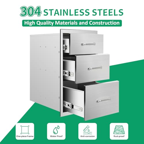 Image of Outdoor Kitchen Drawers 20 inch W x 27 inch H x 23 inch D Stainless Steel Triple Drawers with Ergonomic Handle for BBQ Island, Patio Grill Station & Outdoor Kitchen Cabinets