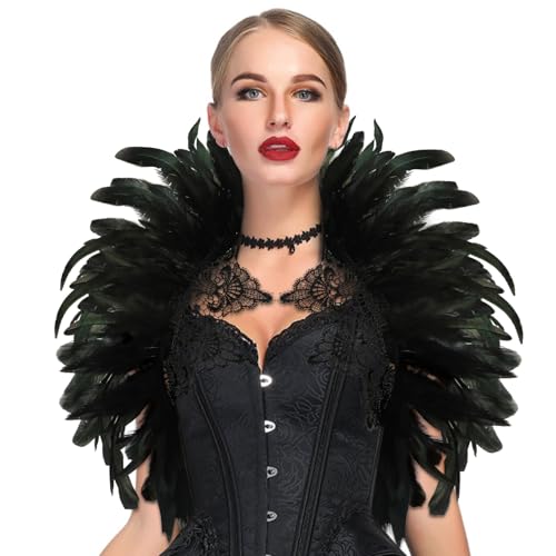 Federkragen Schwarz Spitze, Gothic Kostüm, Feder Cape, Federschal, Federumhang Damen, Feder Achselzucken, Raben Kostüm für Halloween Fasching...