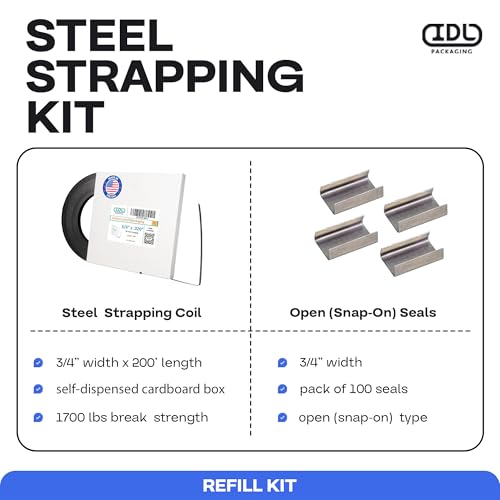 Image of IDL Packaging Refill for Portable 3 /4 inch Steel Strapping Kits for Packaging Strapping - 3 /4 inch x 200' Steel Strapping Coil in Self-Dispensed Cardboard Box and 100 of 3 /4 inch Open Seals
