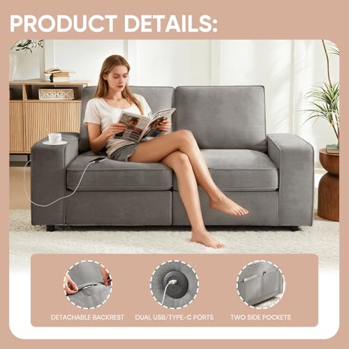 Image of Waxberry 71 inch Chenille Loveseat Sofa Couch for Living Room with Seat Storage, Modern 2-Seater Deep Seat Sofa with Side Pockets & Type-C /USB Ports, Detachable Backrest for Office, Apartment (Grey)
