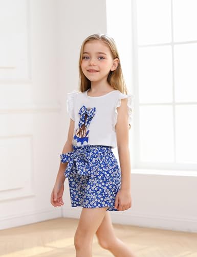 Image of Toddler Girl Clothes 2 Piece Girls Outfits Set Print Bow Top and Belted Ditsy Floral Shorts for Spring Summer