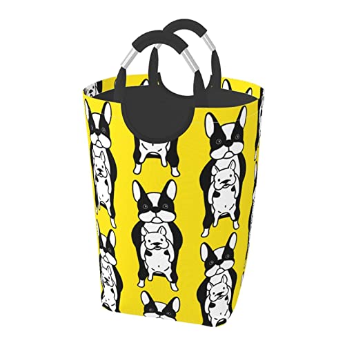 ブルドッグ 黄 ランドリーバスケット 洗濯ボックス 収納バッグ 大容量 折り畳み式 持ち運び 撥水 ハンドル付き 軽量 省スペース おしゃれ 適した ホテル ユーティリティルーム トイレ キッチン(50l 32*28*57.5cm)
