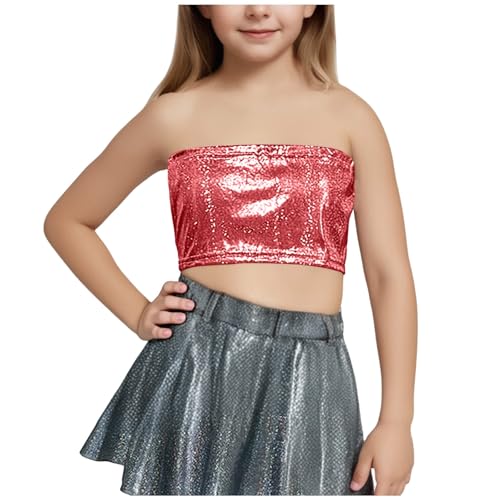 Girls Adjustable Strap Sequins Cami Vest Metallic Sparkle Crop Tank Tops Kids Performance Dance Oufits for 4-14 Years
