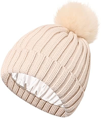Roniky Womens Winter Beanie Hat, Silk Satin Lined Faux Fur Pom Pom Beanies Hat for Women Girls Warm Winter Knit Hats Beige