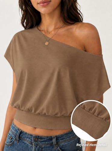 Image of SOFIA'S CHOICE Women's Off The Shoulder T Shirt Crop Top Casual Summer Dolman Sleeve Asymmetrical Cinched Waist Tops