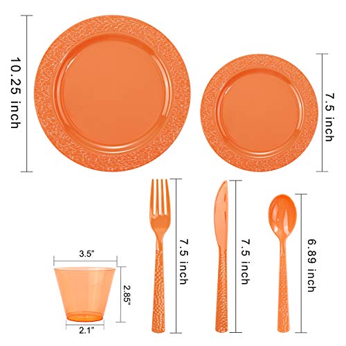 Nervure 150pcs Orange Plastic Plates with Hammered Silverware - Disposable Plastic Plates include 25Dinner Plates, 25Dessert Plates, 25Knives, 25Forks, 25Spoons & 25Cups for Thanksgiving Party