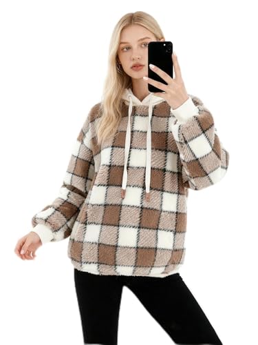 Image of BDUCK+ Women’s Plaid Sherpa Hoodie, Fuzzy Fleece Pullover Sweatshirt with Adjustable Hem, Cozy Winter Loose Oversized Fit, Coffee Brown Plaid, Size L