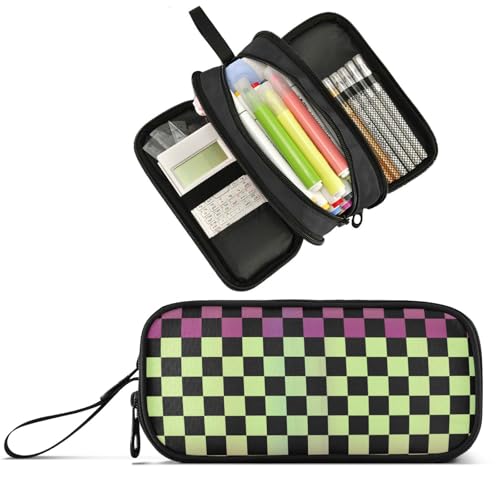 Wfrish Big Capacity Pencil Case for Girl Boy Greenyellow Gradient Check Plaid (2) Student Pencil bag Pen Pouch Large Stationery 3 Compartments Zippers Organizer School College Office Teens Adults