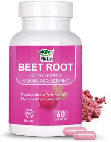 Beet Root Capsules - 1300mg Beetroot Powder Capsules for Natural Energy - 60 Vegan Beetroot Supplement Supports Blood Pressure, Athletic Performance, Digestive, Immune System (Non-GMO & Gluten Free)