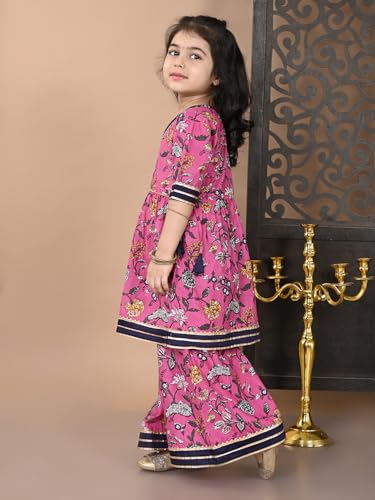 Image of superminis Girls Cotton Floral Printed Gota Patti Work Half Sleeves Sharara Suit